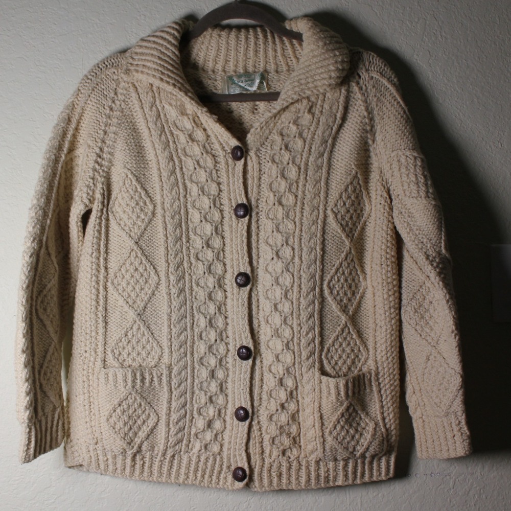 Tara Fashions Handknit Irish Wool Cardigan Cream Cable Knit Sweater Ireland